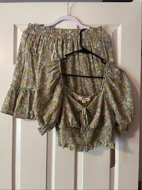 Boho Floral Puff-Sleeve Crop Top & Skirt Set - Sage Floral
